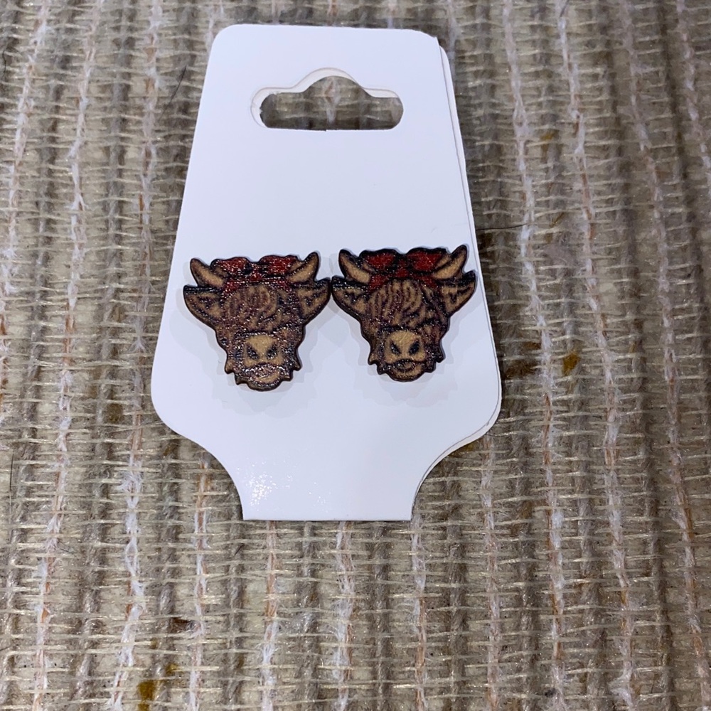 Handcrafted Highland Cow Wooden Stud Earrings in Brown and Red